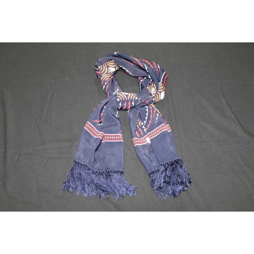 Vintage Rayon Fringe Scarf Navy Blue Red Geometric Abstract Pattern 12x48